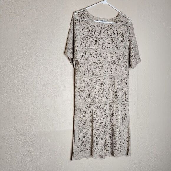 Look By M New York Crochet Shift Dress Women One Size Beige Coverup Short Sleeve - Picture 1 of 8